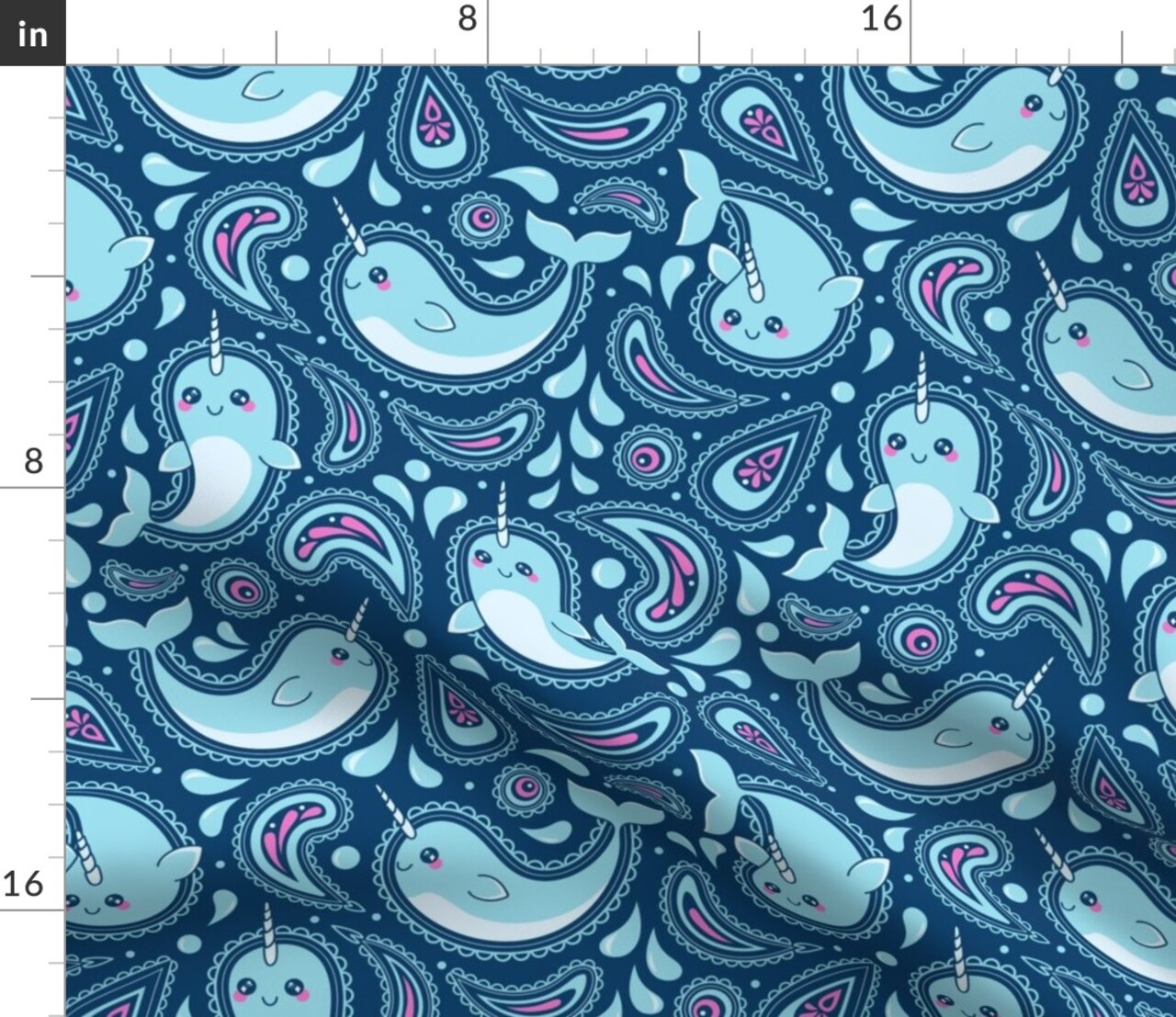 Ocean Life Narwhal Paisley Marine Novelty Blue Pink Sea Kid Large Scale Custom Printed Fabric by Spoonflower Various Fabrics by the Yard or Fat Quarter